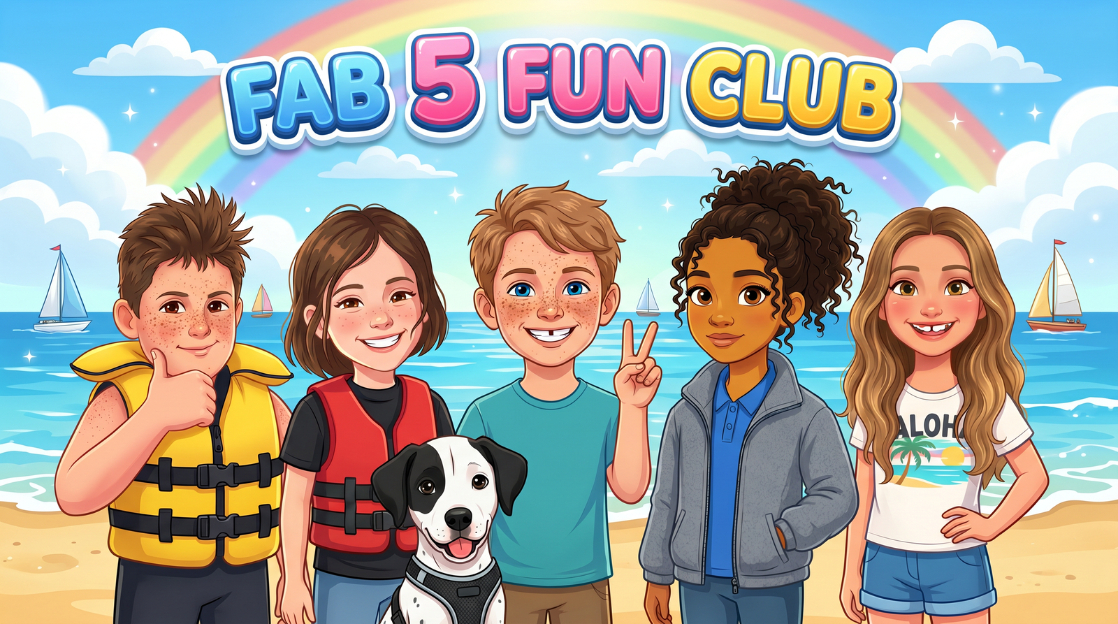 The Fab 5 Fun Club — cartoon group portrait